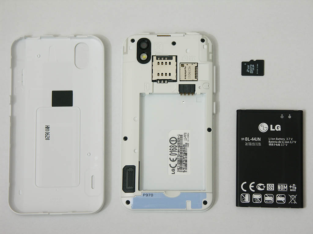 LG P970 back cover, main body, 2 GB microSD card, and 1500 mAh Li-ion battery