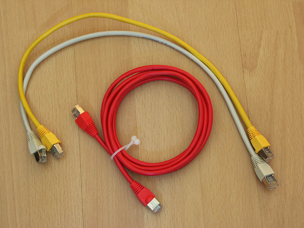 CAT-5e cables with self-crimped, shielded RJ-45 plugs
