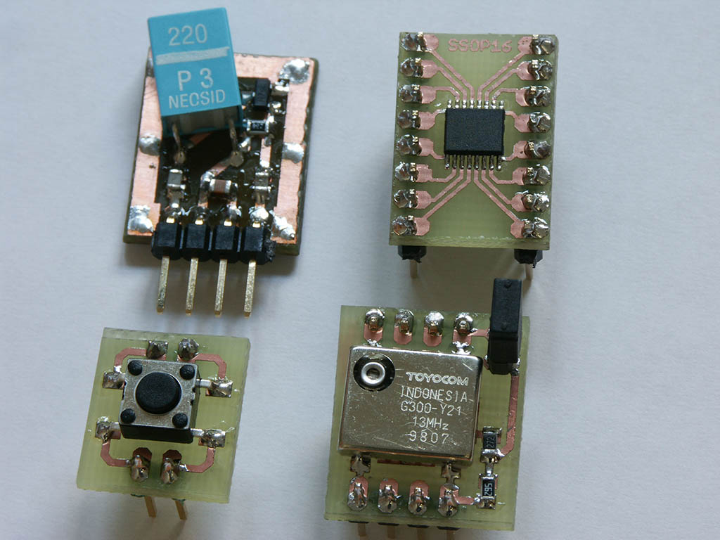 Breadboard adapters - prototype RF amp, PLL chip, SMD switch, VCXO