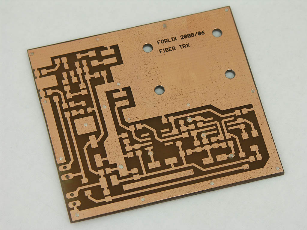 PCB for optical fiber transceiver for singlemode fibers, good for about 400kbit/s data rate and extremely low light intensity. Received light from fib...