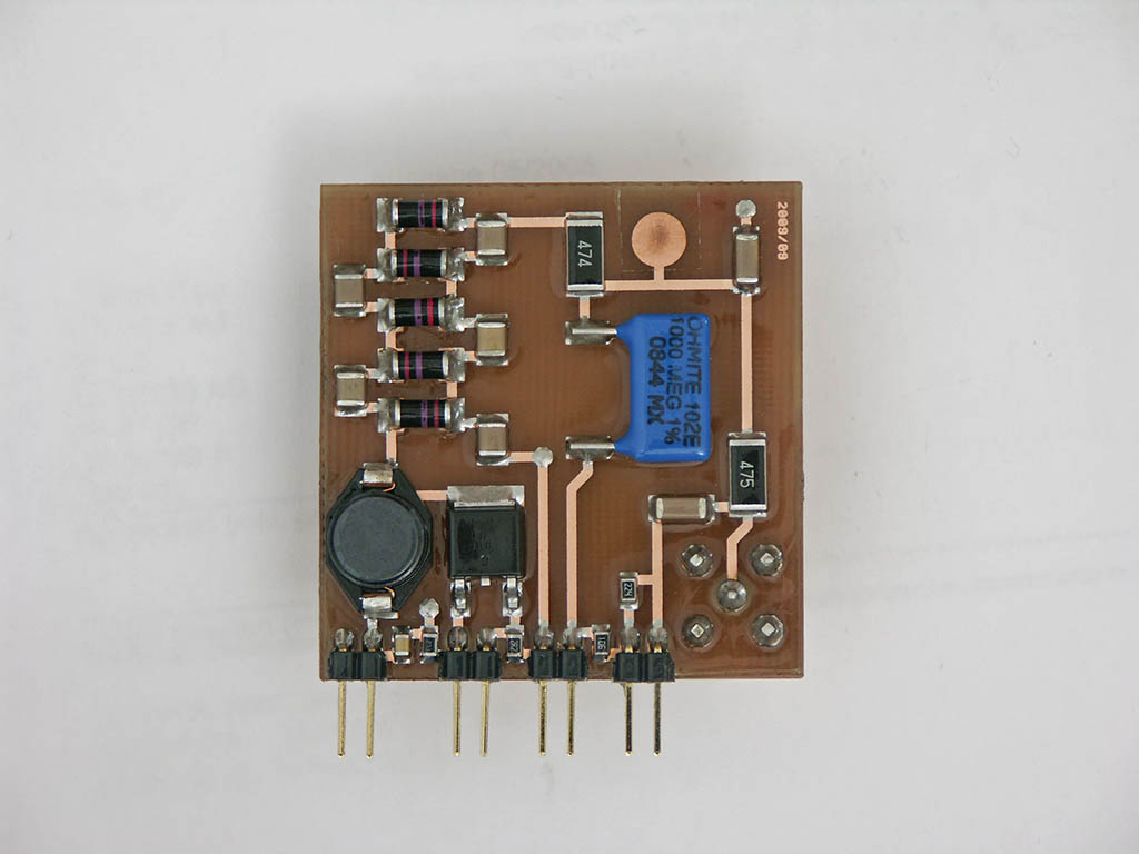 High-voltage PCB of a low-power 800 to 2400 Volt step-up circuit with cascade, designed as power supply for self-made Geiger Mueller tube
