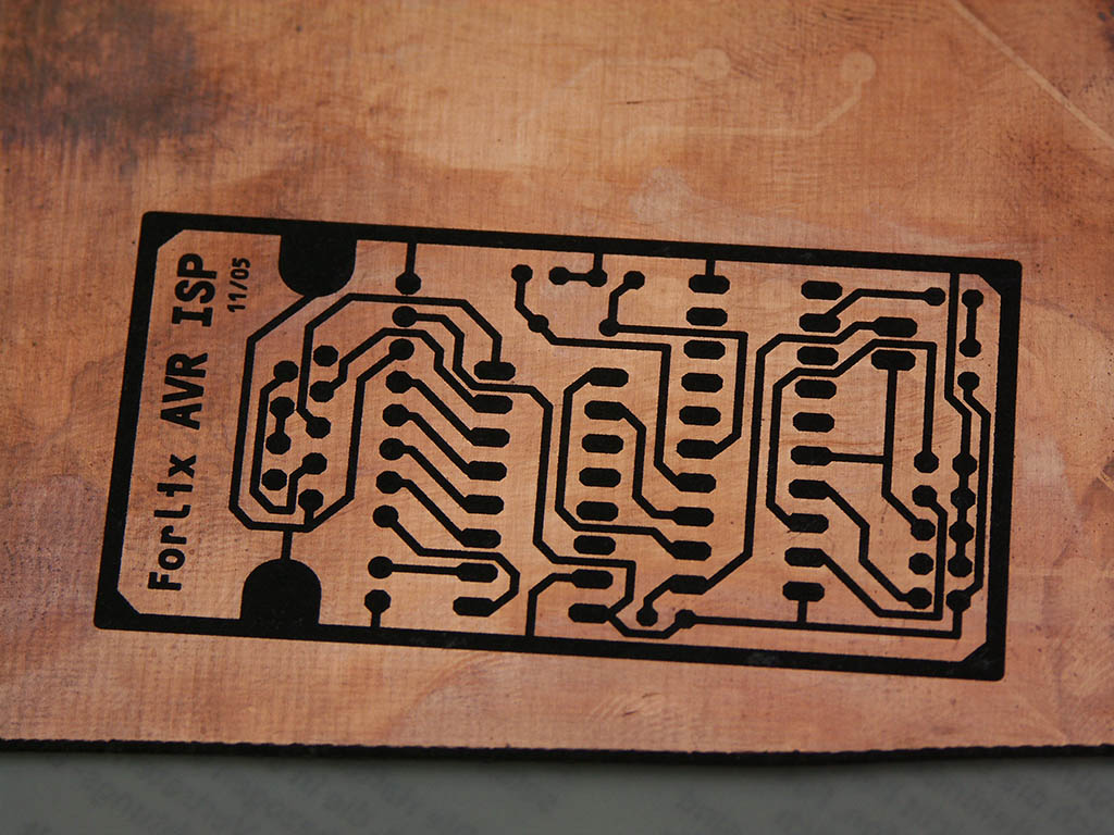 Toner fixed to PCB by laminator unit, ready to etch